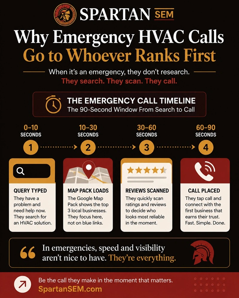 Spartan SEM infographic showing the 90-second emergency HVAC call timeline, illustrating how users search for HVAC help, view the Google Map Pack, scan reviews, and place a call to the first trusted business they find during urgent situations.