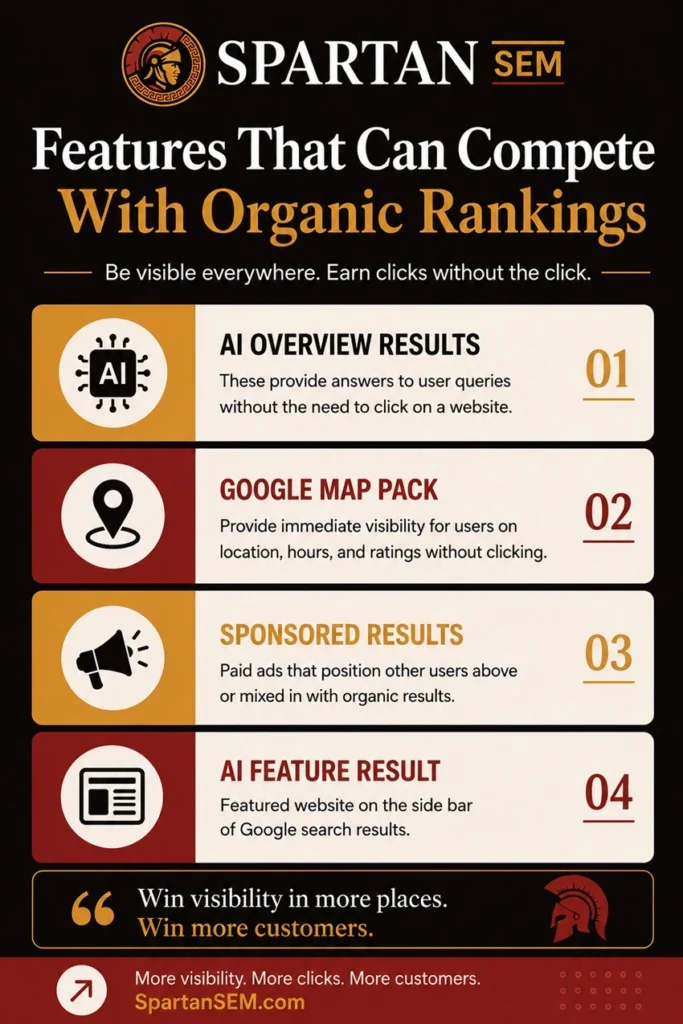 Spartan SEM infographic explaining Google search features that compete with organic rankings, including AI overview results, Google Map Pack listings, sponsored ads, and AI feature results, using a black, gold, red, and white branded design.